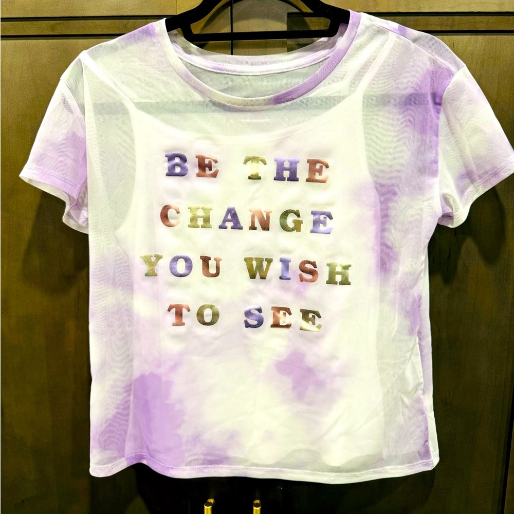 Justice: mesh layered T-shirt, white with purple tie-dye effect, 14/16